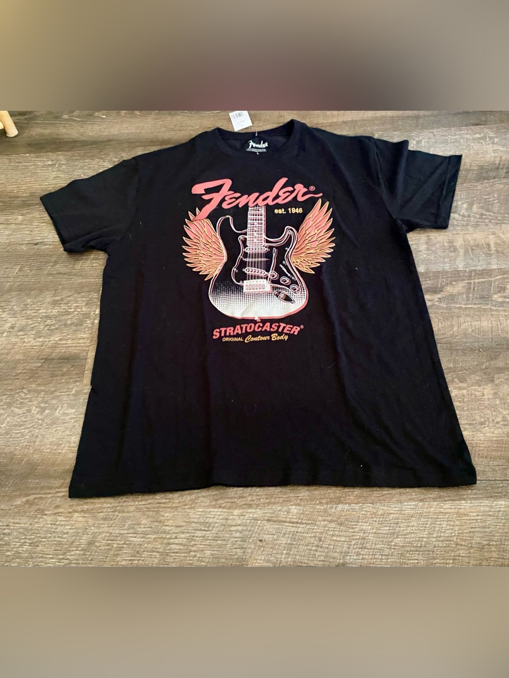 Fender Black Tee with Pink and Gold Winged Stratocaster Graphic